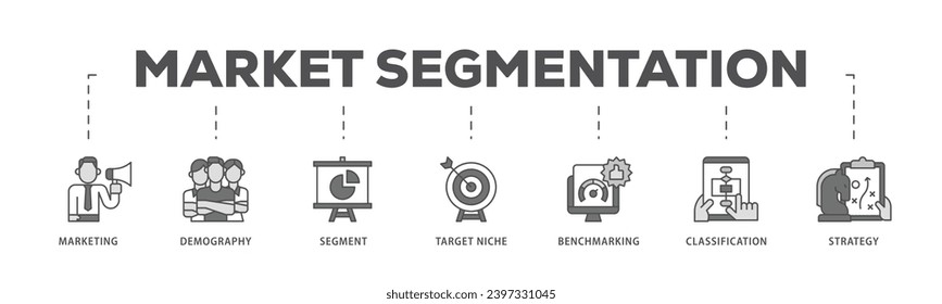 Market segmentation infographic icon flow process which consists of marketing, demography, segment, target niche, benchmarking, classification, strategy icon live stroke and easy to edit