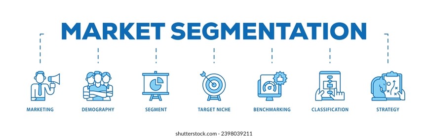 Market segmentation infographic icon flow process which consists of marketing, demography, segment, target niche, benchmarking, classification, strategy icon live stroke and easy to edit