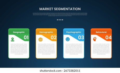 modelo infográfico segmentação do mercado com contêiner caixa criativa com forte posição superior escuro estilo de fundo com 4 pontos para slide apresentação vetor