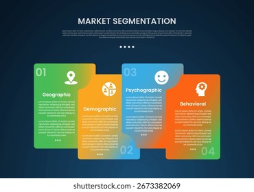 Marktsegmentierung Infografik Vorlage mit kreativen Box Container Stapel Farbverlauf dunklen Hintergrund Stil mit 4 Punkt für Folie Präsentation Vektor