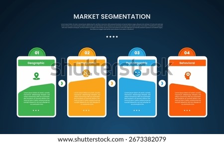 market segmentation infographic template with creative linked box table with circle on header dark background style with 4 point for slide presentation vector