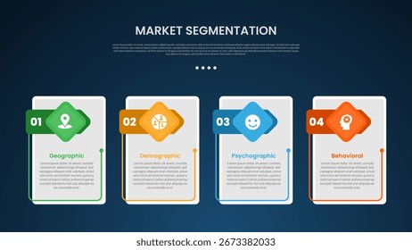 market segmentation infographic template with vertical box with creative header badge dark background style with 4 point for slide presentation vector