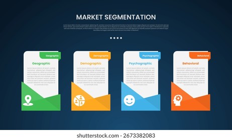 Plantilla de infografía de segmentación de mercado con mesa de caja de Vertical con diseño creativo de pie de página Estilo de fondo oscuro con 4 puntos para Vector de presentación de diapositivas