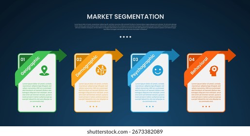 market segmentation infographic template with vertical box container with creative header on top position dark background style with 4 point for slide presentation vector