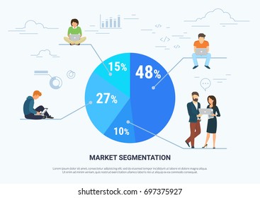 Market Segmentation Infographic Vector Illustration Of Professional People Sitting On Round Diagram With Divided Segments. Flat People Working With Laptop Developing Project. White Business Background