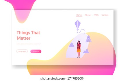 Market Segmentation Landing Page Template. Little Girl Holding Toy Surrounded with Icons of Kite, Pyramid, Rocket and Kids Constructor. Baby Needs and Interests. Cartoon Character Vector Illustration