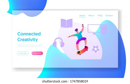 Market Segmentation Landing Page Template. Boy Jumping on Skateboard. Skateboarder Teen Outdoors Activity. Character Skateboarding Making Stunts on Board in Skatepark. Cartoon Vector Illustration
