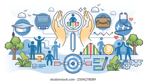 Market segmentation and multiple social groups division outline hands concept. Community classification in psychographic and behavioral sections for targeted audience marketing vector illustration.