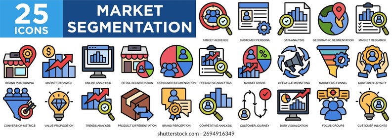 market segmentation, segment, market, marketing, concept, business icon set. Outline icons collection. Simple vector illustration