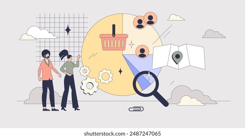 Market segmentation with social division tiny person neubrutalism concept. Behavioral, demographic, psychographic and geographic classification for effective targeted marketing vector illustration.