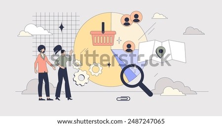 Market segmentation with social division tiny person neubrutalism concept. Behavioral, demographic, psychographic and geographic classification for effective targeted marketing vector illustration.