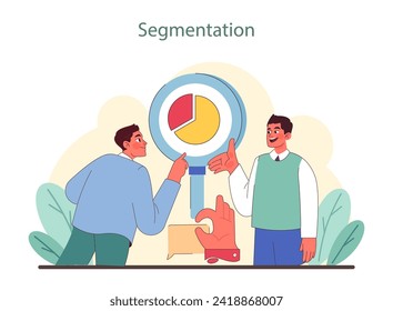 Market segmentation strategy. Professionals analyze segments to customize marketing efforts for niche targeting. Key to customer centricity and personalized outreach. Flat vector illustration.