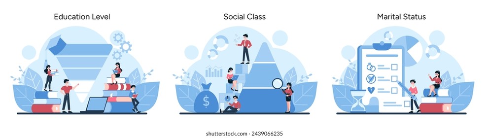 Market Segmentation trio. Showcases education, social class, and marital status as market categories. Captures the essence of consumer classification. Vector illustration