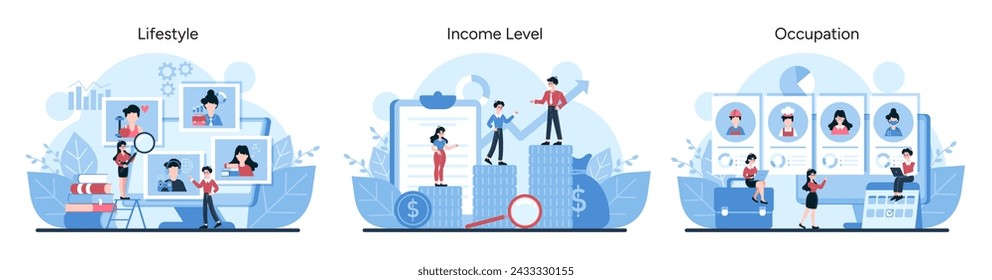 Market Segmentation trio. Visualizes categorization by lifestyle, income level, and occupation. Highlights diverse economic and professional scenarios. Vector illustration