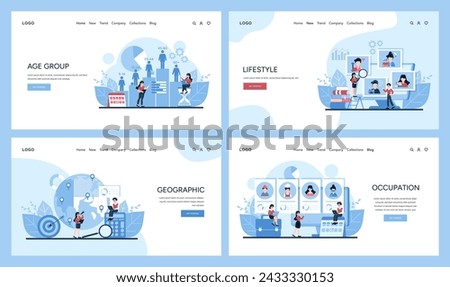 Market Segmentation web banners set. Illustrates audience division by age, lifestyle, geography, and occupation for targeted marketing strategies. Vector illustration