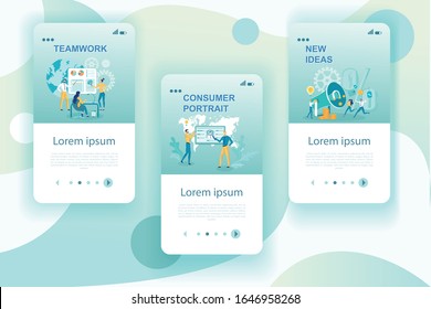 Plantilla vectorial de páginas Web de segmentación de mercado. Aplicación de audiencia de destino. Retrato de cliente. Idea de análisis de coworking. Interfaz de aplicaciones empresariales con ilustraciones planas. Pantallas de paso del sitio web de Smartphone