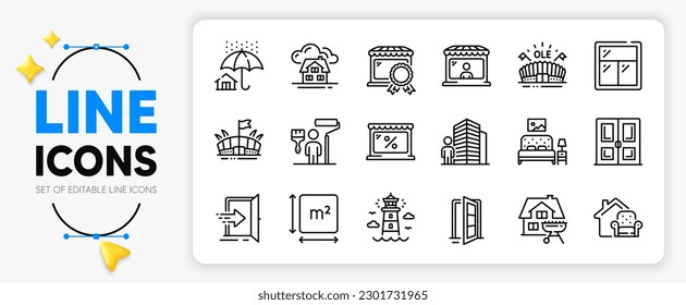 Market seller, Best market and Home insurance line icons set for app include Open door, Furniture, Furniture moving outline thin icon. Lighthouse, Door, Building pictogram icon. Agent. Vector