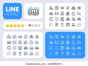 Market seller, Buildings and Furniture line icons for web app. Message, Share, Like social media icons. Pack of Market buyer, Open door, Lighthouse pictogram icons. Vector