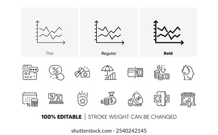 Market seller, Coins bag and Diagram chart line icons. Pack of Inflation, Payment methods, Phishing icon. Card, Loyalty star, Annual tax pictogram. Deflation, Loyalty gift, Online loan. Vector