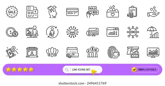 Market seller, Inflation and Statistics line icons for web app. Pack of Money calendar, Robbery, Wallet pictogram icons. Bid offer, Card, Dao signs. Replacement, Cyber attack, Currency rate. Vector