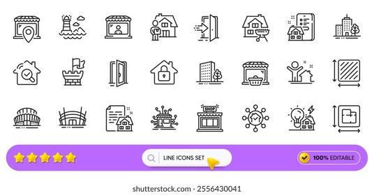 Market seller, Inspect and Buildings line icons for web app. Pack of Skyscraper buildings, Delivery man, Floor plan pictogram icons. Building energy, Lighthouse, Shop signs. Search bar. Vector