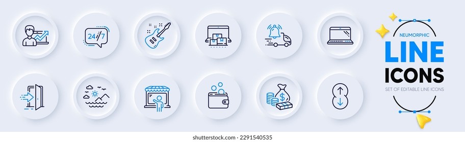 Market seller, Money and Electric guitar line icons for web app. Pack of Scroll down, Entrance, Success business pictogram icons. Wallet money, Sea mountains, Laptop signs. 24h service. Vector