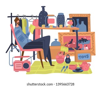 Market seller. Traditional flea market with secondhand clothes toy and bazaar salesman commercial vector marketplace concept