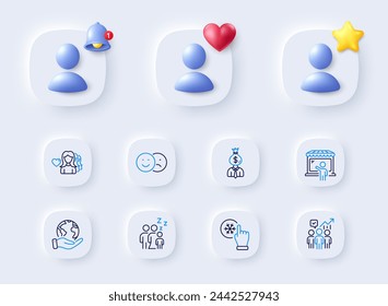 Market seller, Woman love and Manager line icons. Placeholder with 3d bell, star, heart. Pack of Sleep, Freezing click, Like icon. Business statistics, Save planet pictogram. Vector