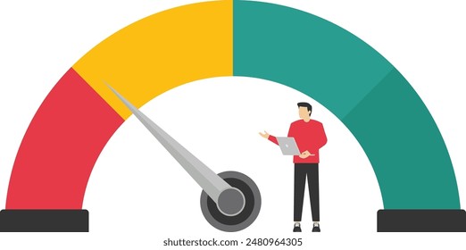 Market sentiment, fear and greed index, emotional on stock market or crypto currency trading indicator, investment risk psychology concept, businessman investor meditating on market sentiment gauge.

