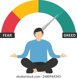 Market sentiment, fear and greed index, emotional on stock market or crypto currency trading indicator, investment risk psychology concept, businessman investor meditating on market sentiment gauge.

