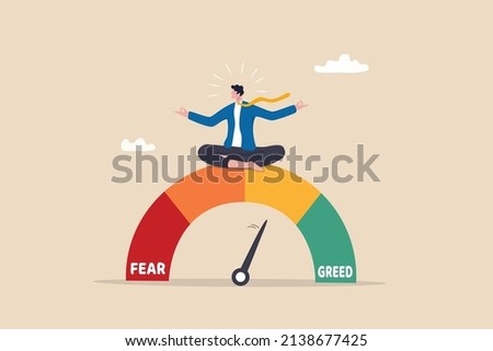 Market sentiment, fear and greed index, emotional on stock market or crypto currency trading indicator, investment risk psychology concept, businessman investor meditating on market sentiment gauge. Foto stock © 