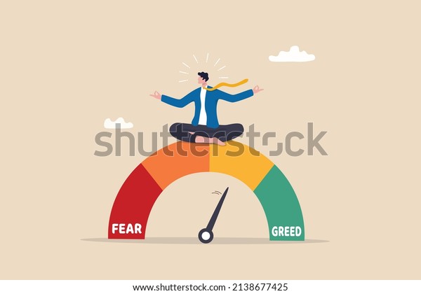 Market sentiment, fear and greed index, emotional\
on stock market or crypto currency trading indicator, investment\
risk psychology concept, businessman investor meditating on market\
sentiment gauge.