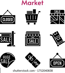 market set. included sale, shop, shopping cart, closed, discount, open, trolley icons. filled styles.