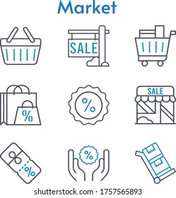 market set. included shopping bag, sale, shop, shopping cart, discount, shopping-basket, trolley icons. bicolor styles.