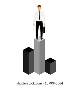 Market share business concept. Businessman with briefcase standing on column chart. Economic financial share profit. Vector illustration in flat design.