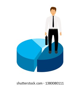 Market share business concept. Businessman with briefcase standing on pie chart. Economic financial share profit. Vector illustration in flat design.