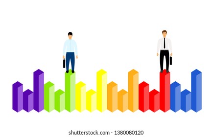 Market share business concept. Businessman with briefcase standing on column chart. Economic financial share profit. Vector illustration in flat design.