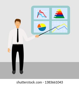 Market share business concept. Businessman showing profit on charts. Economic financial share profit. Vector illustration in flat design.