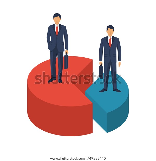 Market share business concept. Businessmen in\
suits with briefcase standing on pie chart. Economic financial\
share profit. Vector illustration flat design. Isolated on white\
background. Competing.