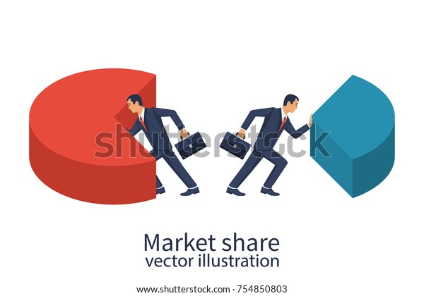 Market share\
business concept. Businessmen pushing in different directions pie\
chart. Economic financial share profit. Vector illustration flat\
design. Isolated on white\
background.