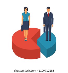 Market share business concept. Businesspeople in suits with briefcase standing on pie chart. Economic financial share profit. Vector illustration flat design. Isolated on white background. Competing.