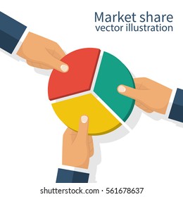 Market share business concept. Competing businessman holding in hand pie chart. Competing. Economic financial share profit. Vector illustration flat design. Isolated on white background.