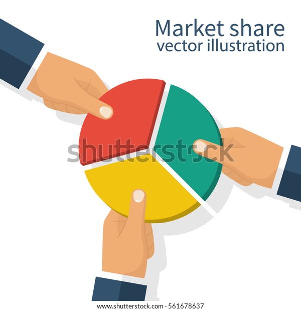 市場シェアのビジネスコンセプト 手に持つ競合する実業家の円グラフ 競合 経済的な金融株利益 ベクターイラスト フラットデザイン 白い背景に のベクター画像素材 ロイヤリティフリー