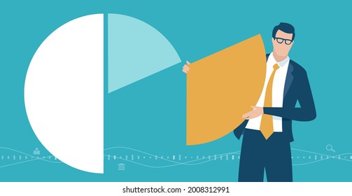 Cuota de mercado. El hombre de negocios divide el gráfico circular de negocios. Ilustración del concepto de negocio