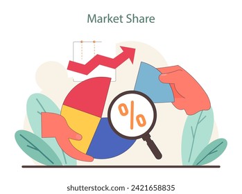 Market Share concept. Analysis of industry trends and percentage share with pie chart and growth arrow. Flat vector illustration.