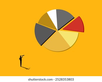 Market share forecast. Businessman with binoculars and circle chart