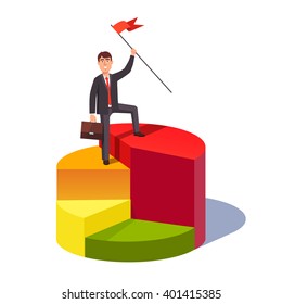 Market Share Leader Concept. Business Man Standing With A Flag Pole On A Largest Sector Of Pie Chart. Flat Style Vector Illustration.