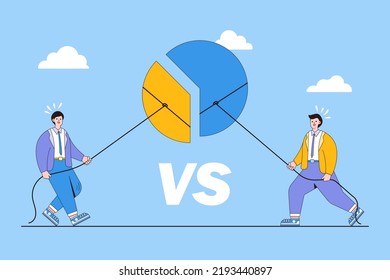 Market share percentage, fighting for economic financial profit, business opportunity, competitive rivalry, battle to gain sale concepts. Two businessman to pulling parts of pie chart to own side.