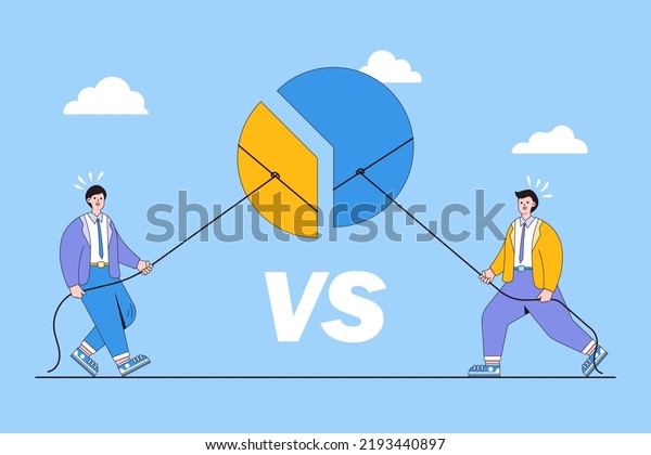 Market share percentage, fighting for economic
financial profit, business opportunity, competitive rivalry, battle
to gain sale concepts. Two businessman to pulling parts of pie
chart to own side.