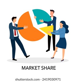 Market share percentage of industry sale, business competitor fight or battle to gain more sale concept, businesspeople fighting for more market share pie chart.